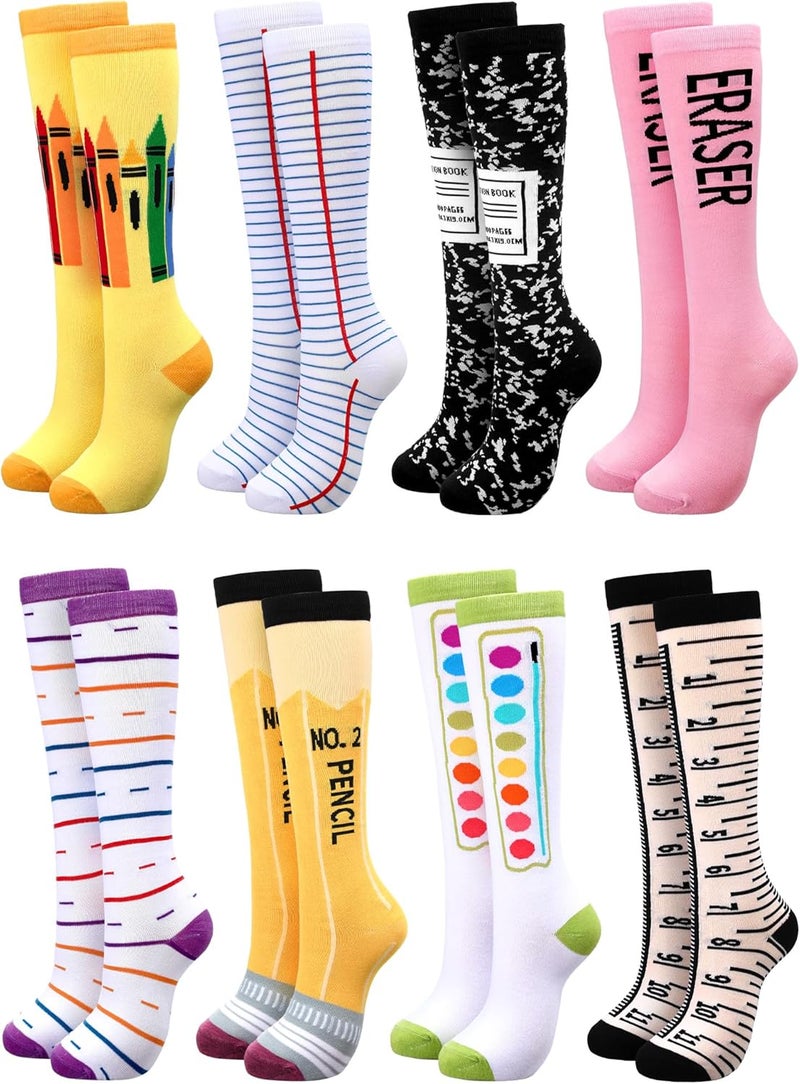 Glitopper 8 Pairs Colorful Crayon Knee High Socks Pencil Crayon Socks for Women Girl Teacher Costume School Supply - Image 1